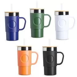 Caneca Térmica Inox Tampa Bambu Detalhe Plástico Personalizada Barato